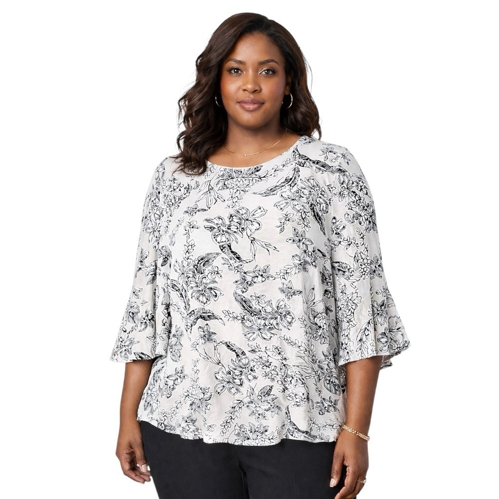 T Tahari 2X White Black Floral Bell Sleeve Ruffle Neutral Blouse Office Casual